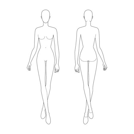 Fashion template of walking women. 9 head size for technical drawing. Lady figure front and back view. Vector outline girl for fashion sketching and illustration.のイラスト素材