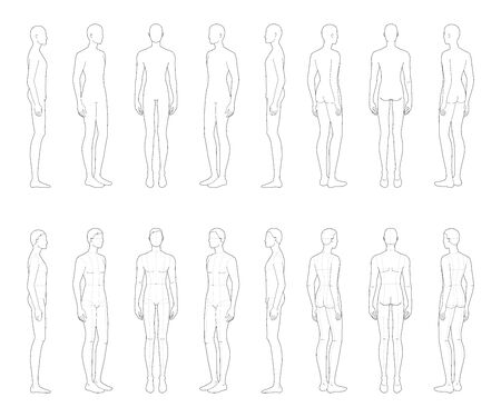 Fashion template of 16 standing men. 9 head size for technical drawing with and without main lines. Gentlemen figure front, side, 3-4 and back view. Vector boy for fashion sketching and illustration.のイラスト素材