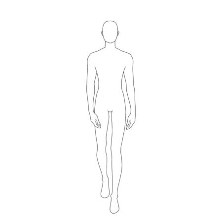 Fashion template of walking men. 9 head size for technical drawing. Gentlemen figure front view. Vector outline boy for fashion sketching and illustration.のイラスト素材