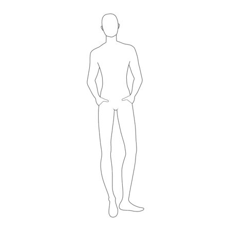 Fashion template of relaxing stand men. 9 head size for technical drawing with and without main lines. Gentlemen figure front and back view. Vector outline boy for fashion sketching and illustration.のイラスト素材