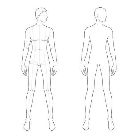 Fashion template of standing men. 9 head size for technical drawing with and without main lines. Gentlemen figure front and back view. Vector outline boy for fashion sketching and illustration.のイラスト素材