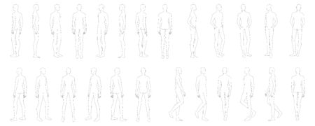 Fashion template of 25 men in different poses. 9 head size for technical drawing. Gentlemen figure front, side, 3-4 and back view. Vector outline boy for fashion sketching and illustration.のイラスト素材