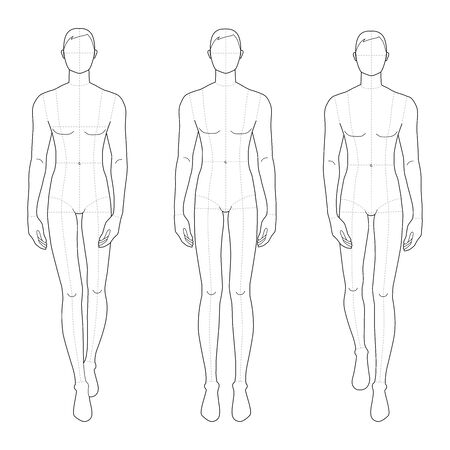 Fashion template of men in different poses. 9 head size for technical drawing with main lines. Gentlemen figure front view. Vector outline boy for fashion sketching and illustration.のイラスト素材