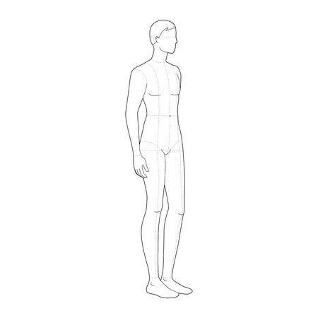 Fashion template of standing men. 9 head size for technical drawing with main lines. Gentlemen figure 3-4 view. Vector outline boy for fashion sketching and illustration.のイラスト素材