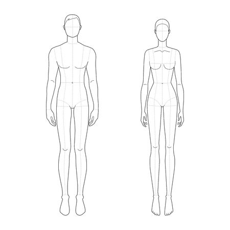 Fashion template of standing men and women. 9 head size for technical drawing with main lines. Gentlemen figure front view. Vector outline boy for fashion sketching and illustration.のイラスト素材