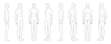 Fashion template of standing men in 8 point of view. 9 head size for technical drawing with main lines. Gentlemen figure front, side, 3-4 and back. Vector boy for fashion sketching and illustration.のイラスト素材