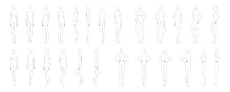 Fashion template of 25 women in different poses. 9 head size for technical drawing. Lady figure front, side, 3-4 and back view. Vector girls for fashion sketching and illustration.のイラスト素材