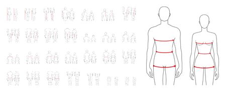 Women and men to do body measurement fashion Illustration for size chart 58 piece set. 7.5 head size girl and boy for site or online shop. Human body infographic template for clothes.のイラスト素材
