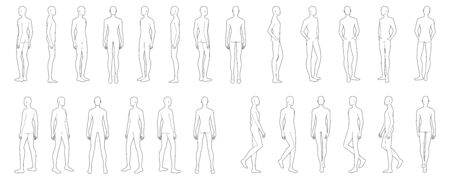 Fashion template of 25 men in different poses. 9 head size for technical drawing. Gentlemen figure front, side, 3-4 and back view. Vector outline boy for fashion sketching and illustration.のイラスト素材