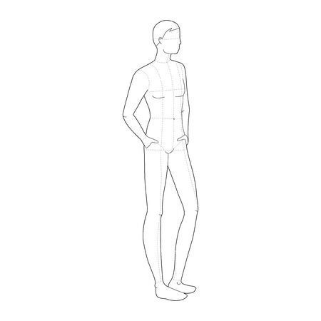 Fashion template of relaxing stand men. 9 head size for technical drawing with and without main lines. Gentlemen figure front and back view. Vector outline boy for fashion sketching and illustration.のイラスト素材
