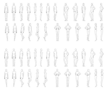 Fashion template of 25 women in different poses with and no main lines. 9 head size for technical drawing. Lady figure front, side, 3-4 and back view. Vector girls for fashion illustration.のイラスト素材