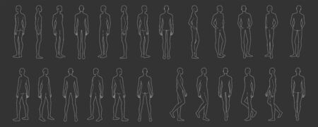 Fashion template of 25 men in different poses. 9 head size for technical drawing. Gentlemen figure front, side, 3-4 and back view. Vector outline boy for fashion sketching and illustration.のイラスト素材
