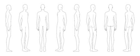 Fashion template of standing men in 8 point of view. 9 head size for technical drawing. Gentlemen figure front, side, 3-4 and back. Vector outline boy for fashion sketching and illustration.のイラスト素材