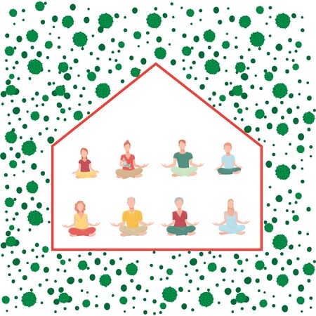 Stay home during coronavirus 2019-nC0V outbreak. Stop pandemic COVID-19 microbe. The virus attacks the respiratory tract, infections medical health risk. Travel Alert concept. Flat simple cartoon styleのイラスト素材