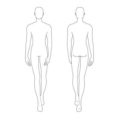 Fashion template of walking men. 9 head size for technical drawing. Gentlemen figure front and back view. Vector outline boy for fashion sketching and illustration.のイラスト素材