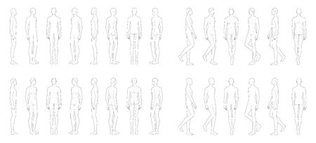 Fashion template of 14 men. 9 head size for technical drawing with and without main lines. Gentlemen figure front, side, 3-4 and back view. Vector outline boy for fashion sketching and illustration.のイラスト素材