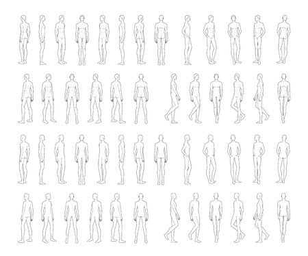 Fashion template of standing men. 9 head size for technical drawing with and without main lines. Gentlemen figure front, side and back view. Vector outline boy for fashion sketching and illustration.のイラスト素材