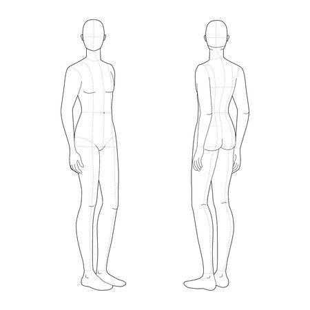 Fashion template of standing men. 9 head size for technical drawing with and without main lines. Gentlemen figure front and back view. Vector outline boy for fashion sketching and illustration.のイラスト素材