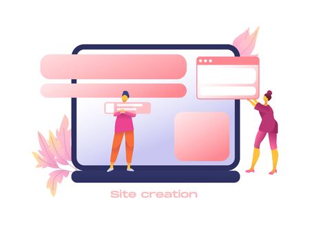Cartoon icon with site creation business flat for concept design with characters. Modern style infographic template. Notebook, CRM and envelope icon vector isolated metaphor illustration.のイラスト素材