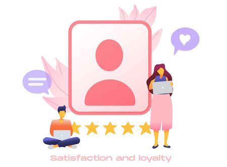 Cartoon icon with satisfaction marketing business flat for concept design with characters. Modern style infographic template. Notebook, CRM and envelope icon vector isolated metaphor illustration.のイラスト素材