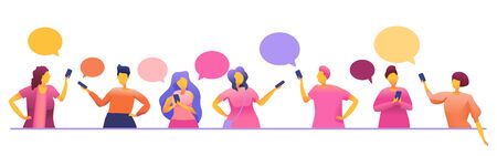 Social Network, stay connected, people connecting all over the world, Young People Characters Chatting, online community, for web page, banner, presentation, social media, vector illustration.のイラスト素材