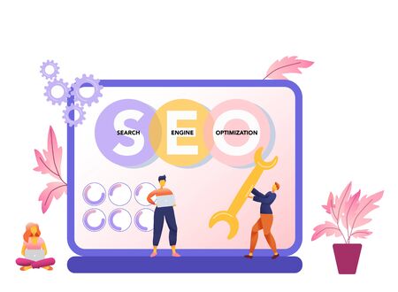SEO tools concept and Website traffic, web page visibility. Marketers team creating digital advertising characters. Search engines, online marketing. Vector isolated concept creative illustrationのイラスト素材