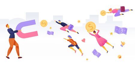 Business people social media concept. Man attracting likes, money, feedback and followers with huge magnet in internet. SMM influence strategy and promotional management. Cartoon flat 3d Illustrationのイラスト素材