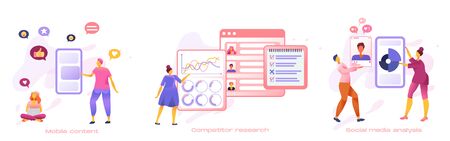Business people creative team set for SMM analytics, audience segmentation. Designers develop application for mobile phone, busy working process, cooperation, teamwork. Cartoon flat 3d Illustrationのイラスト素材