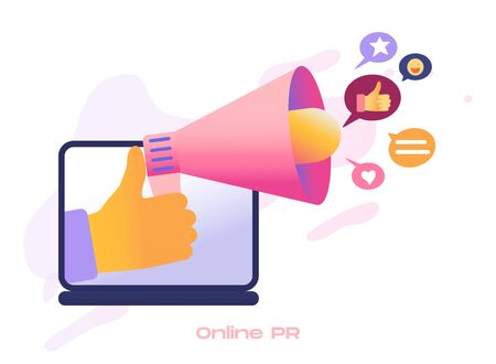 Cartoon icon with online PR marketing business word of mouth for SMM analytics, audience segmentation. Product advertising strategy development with characters. 3d flat style infographic illustration.のイラスト素材