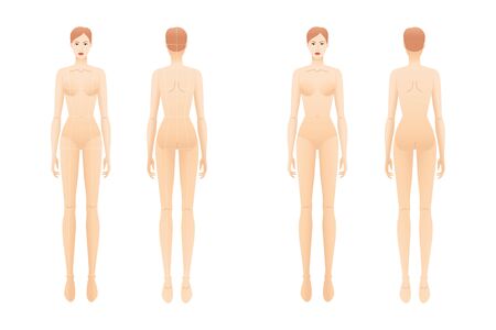 Fashion template of nude standing women with and without main lines. 9 head size croquis for technical drawing. Lady figure front and back view. Vector outline girl for fashion sketching and illustration.のイラスト素材