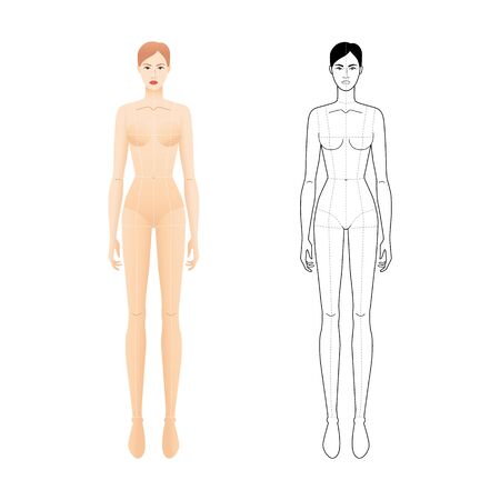 Fashion template of standing women with main lines. 9 head size croquis for technical drawing. Lady figure naked front view. Vector nude and outline girl for fashion sketching and illustration.のイラスト素材