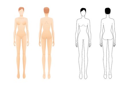 Fashion template of standing women. 9 head size croquis for technical drawing. Lady figure front and back view. Vector nude and outline girl for fashion sketching and illustration.のイラスト素材