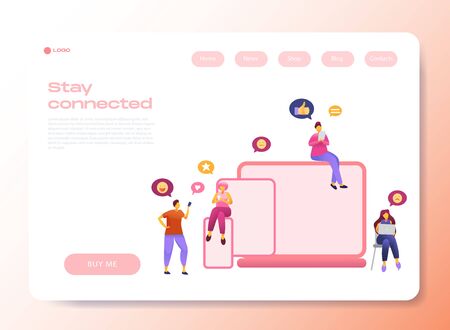 Web page template with social media communication characters, that chat in phone, tablet, notebook with text babble. Flat 3D vector isolated metaphor illustration for site, app or wed page.のイラスト素材