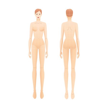 Fashion template of nude standing women with main lines. 9 head size croquis for technical drawing. Lady figure naked front and back view. Vector outline girl for fashion sketching and illustration.のイラスト素材