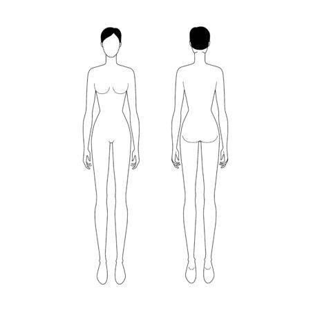 Fashion template of standing women. 9 head size for technical drawing. Lady figure croquis front and back view. Vector outline girl for fashion sketching and illustration.のイラスト素材