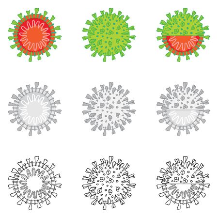 Diagram of Coronavirus 2019-nC0V particle structure. Pandemic COVID-19 outbreak microbe. The virus attacks the respiratory tract, infections medical health risk. Flat simple cartoon styleのイラスト素材
