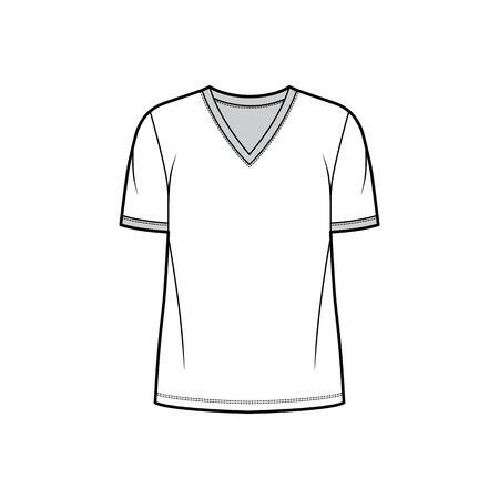 T-shirt technical fashion illustration with V neck, fitted tunic length oversized body short sleeves, flat. Apparel template front, white color. Women and men unisex garment mockup for designer.のイラスト素材