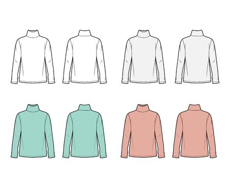 Cotton jersey top technical fashion illustration set with turtleneck, oversized body long sleeves flat. Apparel template front back white and trendy color. Women men unisex garment mockup for designerのイラスト素材