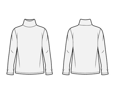 Cotton jersey top technical fashion illustration with turtleneck, tunic length oversized body long sleeves flat. Apparel template front, back grey color. Women, men unisex garment mockup for designerのイラスト素材
