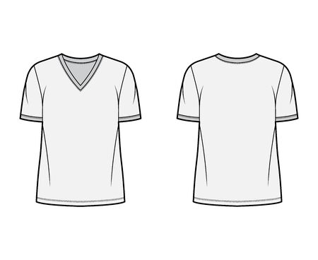 T-shirt technical fashion illustration with V neck, fitted oversized body short sleeves, flat style. Apparel template front and back grey color. Women and men unisex garment mockup for designer.のイラスト素材