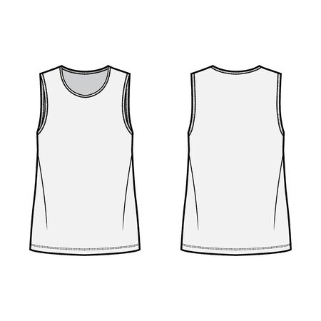 T-shirt technical fashion illustration with crew neck, fitted oversized body sleeveless, flat style. Apparel template front and back grey color. Women and men unisex garment mockup for designer.のイラスト素材