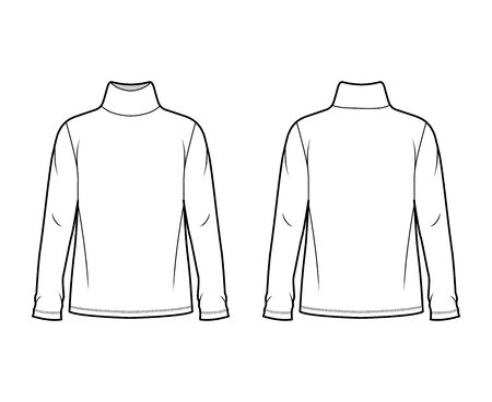 Cotton jersey top technical fashion illustration with turtleneck, tunic length oversized body long sleeves flat. Apparel template front back white color. Women, men unisex garment mockup for designerのイラスト素材