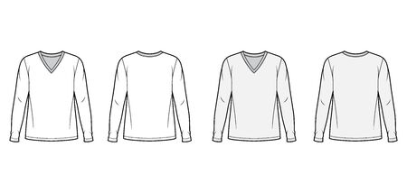 Cotton jersey top technical fashion illustration set with V neck, oversized body long sleeves flat. Apparel template front back white and grey color. Women, men unisex garment mockup for designerのイラスト素材