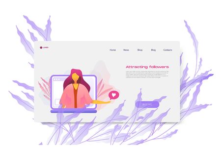 Flat cartoon icon with attracting followers business landing page template for concept design with characters. Pink purple style with flowers infographic metaphor illustration with notebook, flowersのイラスト素材