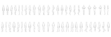 Fashion template of 50 men and women. 9 head size for technical drawing. Gentlemen and lady figure front, side, 3-4 and back view. Vector outline boy and girl for fashion sketching and illustration.のイラスト素材