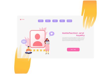 Flat cartoon icon with satisfaction and loyalty business landing page template for concept design with characters. Pink purple style with hands infographic metaphor illustration with CRM, likesのイラスト素材