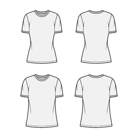 T-shirt technical fashion illustration set with crew neck, fitted and oversized long body, short sleeves, flat. Apparel template front and back grey color. Women and men unisex garment designer mockupのイラスト素材