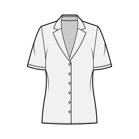 Pajama style blouse technical fashion illustration with retro camp collar, short sleeves, loose fit body. Flat apparel template front, grey color. Women, men unisex CAD garment designer mockupのイラスト素材