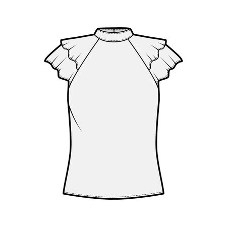 Blouse technical fashion illustration with high neckline banded collar, fluttery ruffles short sleeves, loose fitted body. Flat apparel template front grey color. Women men unisex CAD garment mockupのイラスト素材