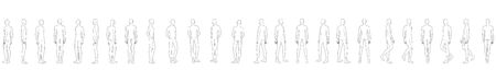 Fashion template of 25 men in different poses. 9 head size for technical drawing. Gentlemen figure front, side, 3-4 and back view. Vector outline boy for fashion sketching and illustration.のイラスト素材